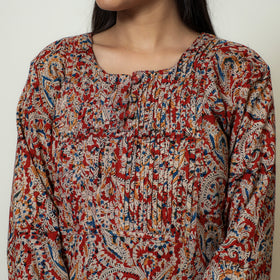 Red Block Print Cotton Pintuck Straight Kalamkari Kurta