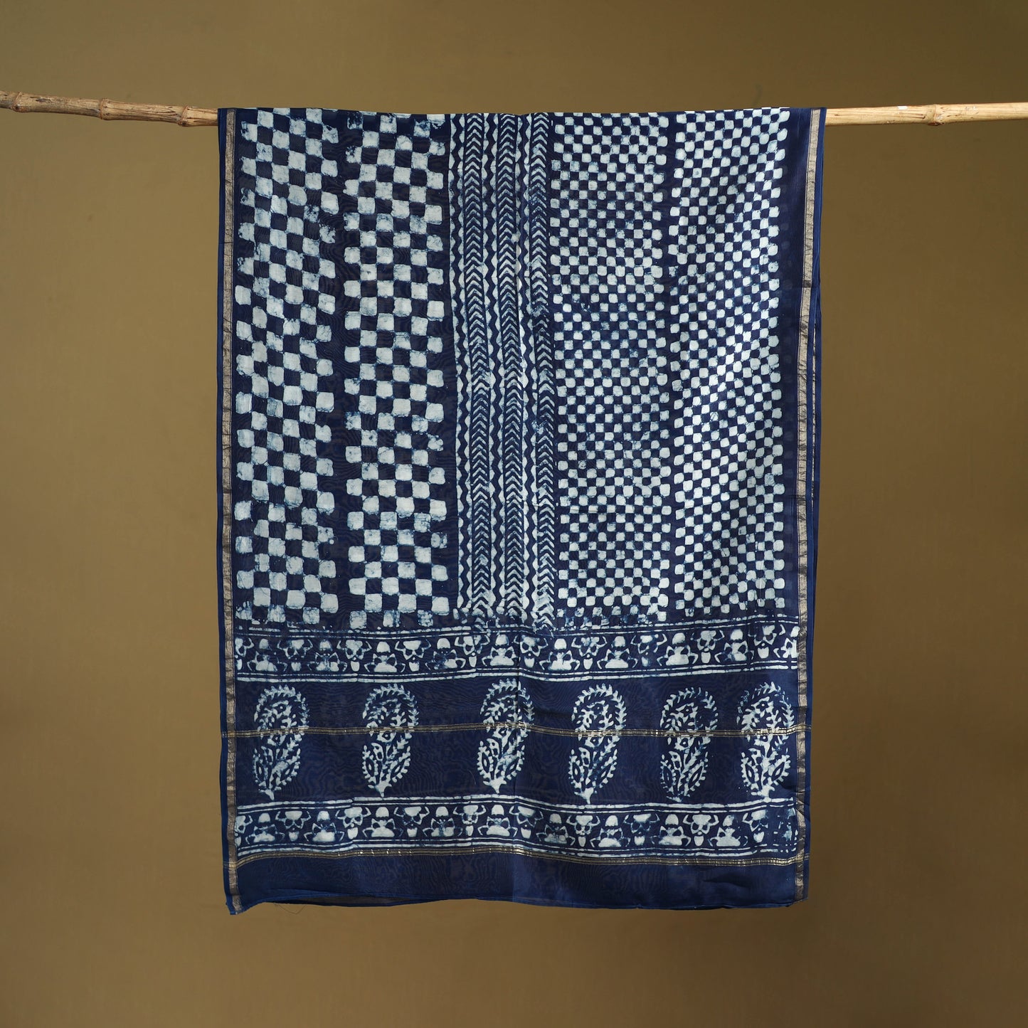 Blue - Pipad Hand Block Print Natural Dyed Chanderi Silk Handloom Dupatta 46