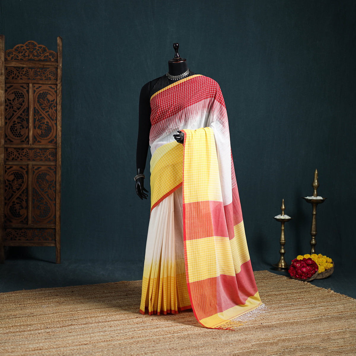 Bengal Handwoven Pure Cotton Check Border Saree for Durga Puja 12