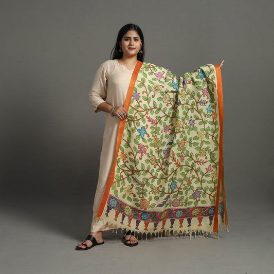 Beige - Chanderi Silk Srikalahasti Handpainted Pen Kalamkari Dupatta 58