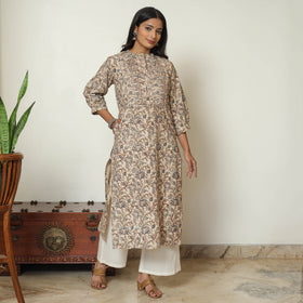 Pedana Kalamkari Block Print Cotton Pintuck Straight Kurta For Women