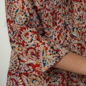 Red Block Print Cotton Pintuck Straight Kalamkari Kurta