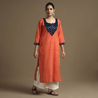 Orange Plain - Solid Slub Silk Kutch Modal Patchwork Straight Kurta