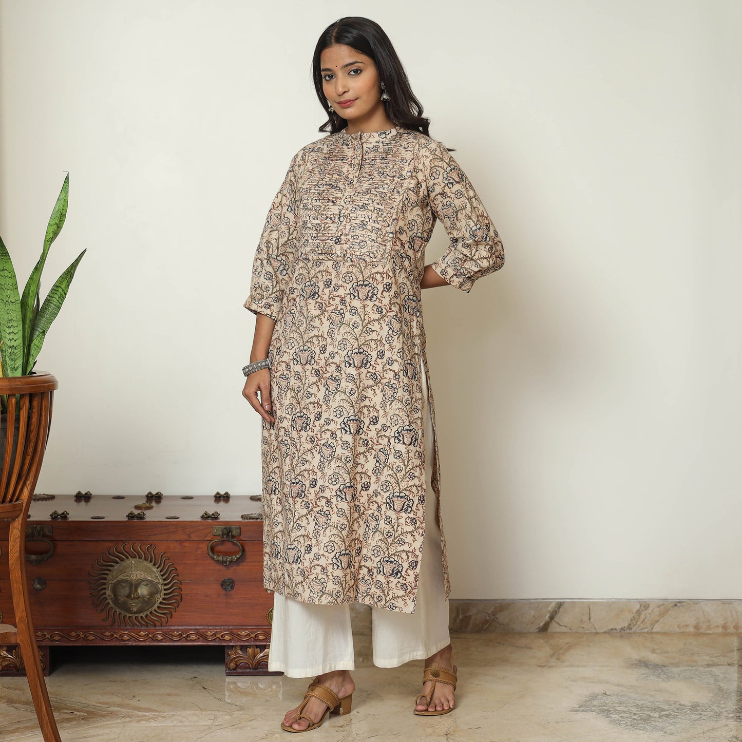 Beige - Pedana Kalamkari Hand Block Printed Cotton Pintuck Straight Kurta 08