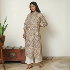 Pedana Kalamkari Block Print Cotton Pintuck Straight Kurta For Women