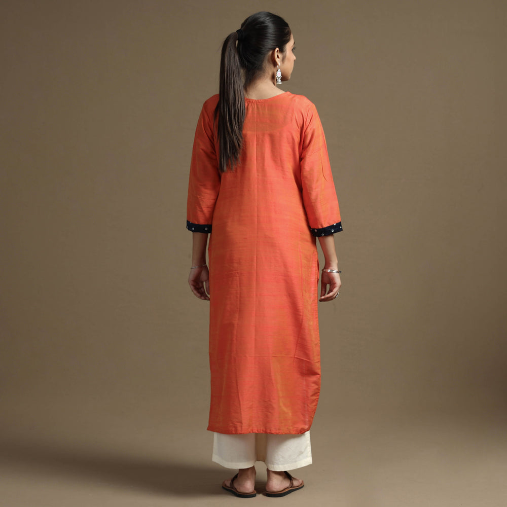 Orange Plain - Solid Slub Silk Kutch Modal Patchwork Straight Kurta