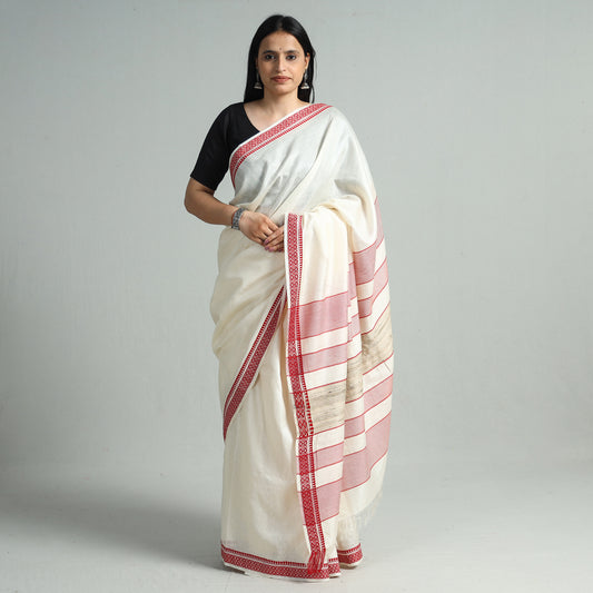 White - Traditional Vidarbha Tussar Silk Handloom Saree with Woven Border 126