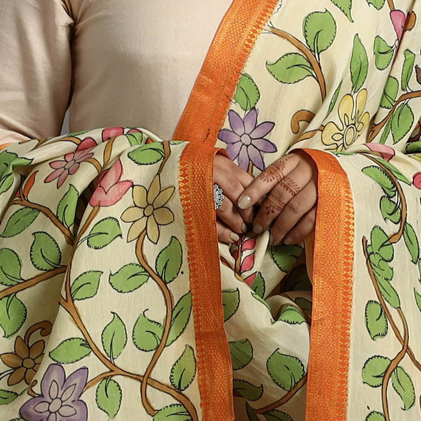 Beige - Chanderi Silk Srikalahasti Handpainted Pen Kalamkari Dupatta 58