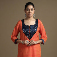 Orange Plain - Solid Slub Silk Kutch Modal Patchwork Straight Kurta