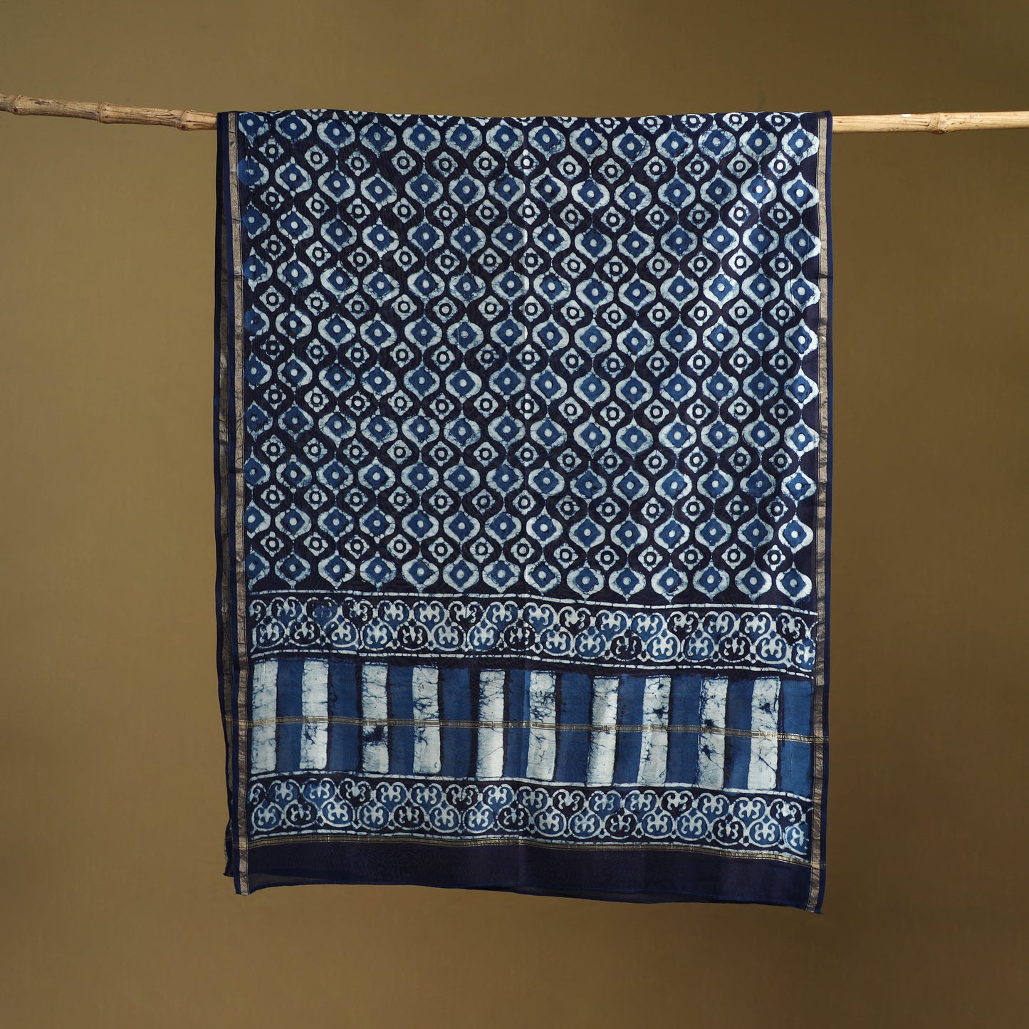 Blue - Pipad Hand Block Print Natural Dyed Chanderi Silk Handloom Dupatta 43