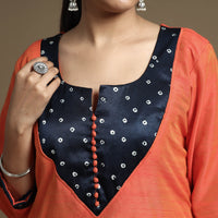 Orange Plain - Solid Slub Silk Kutch Modal Patchwork Straight Kurta