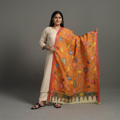 Orange - Chanderi Silk Srikalahasti Handpainted Pen Kalamkari Dupatta 59