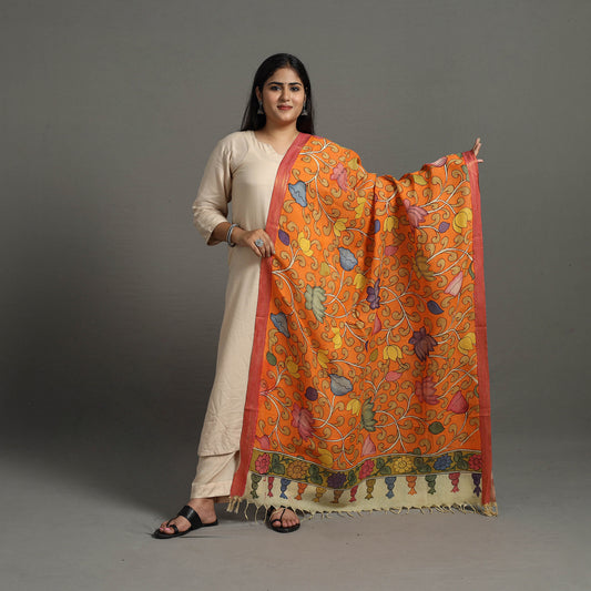 Orange - Chanderi Silk Srikalahasti Handpainted Pen Kalamkari Dupatta 59