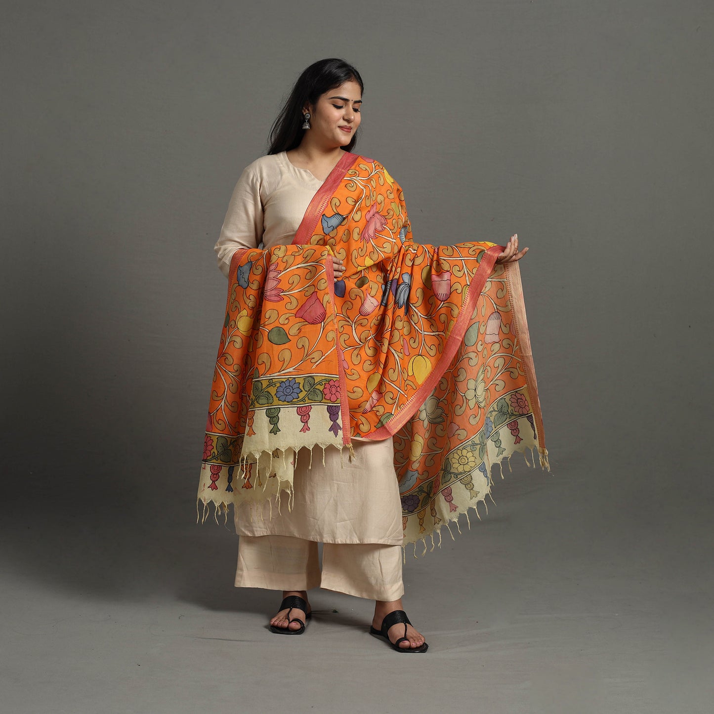 Orange - Chanderi Silk Srikalahasti Handpainted Pen Kalamkari Dupatta 59