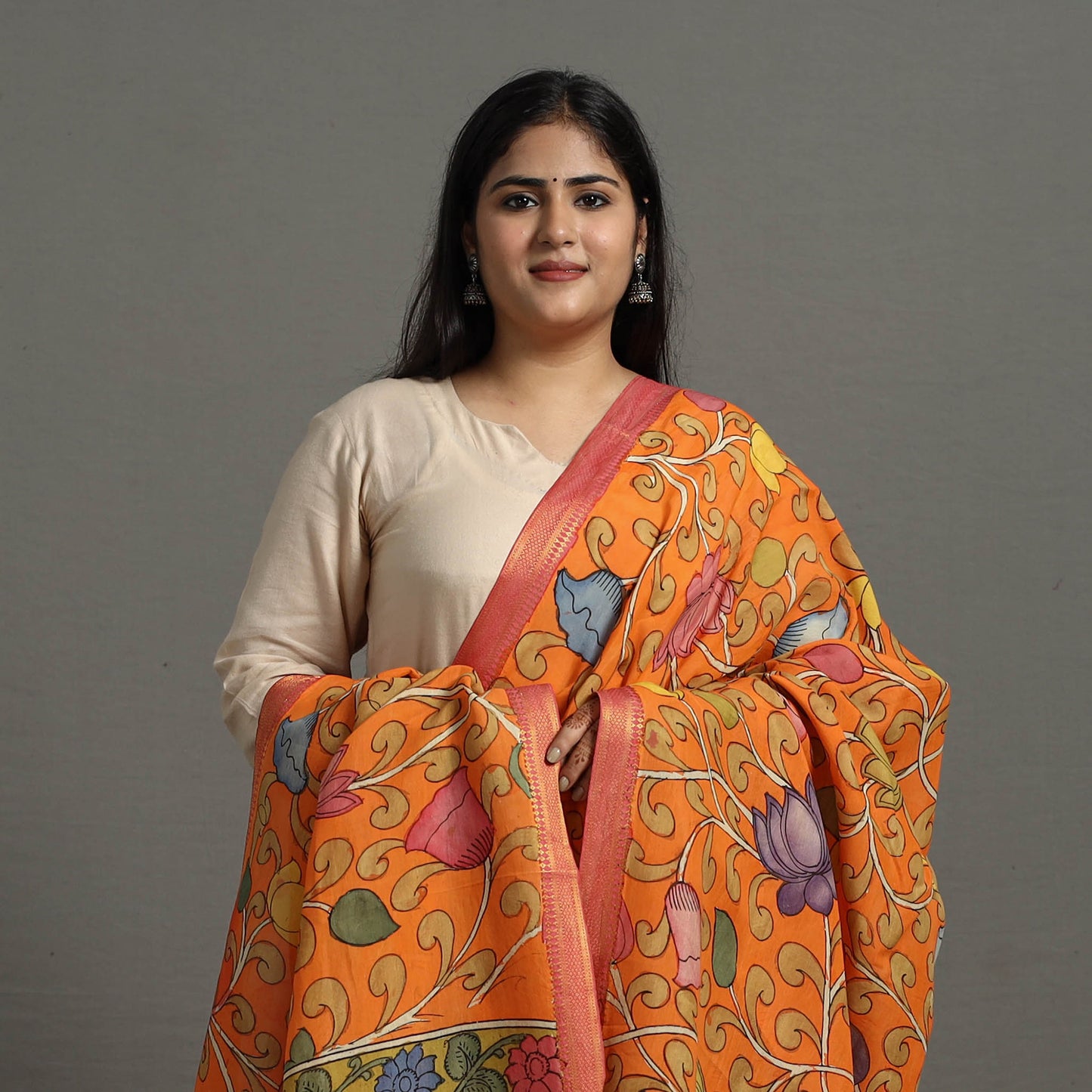 Orange - Chanderi Silk Srikalahasti Handpainted Pen Kalamkari Dupatta 59