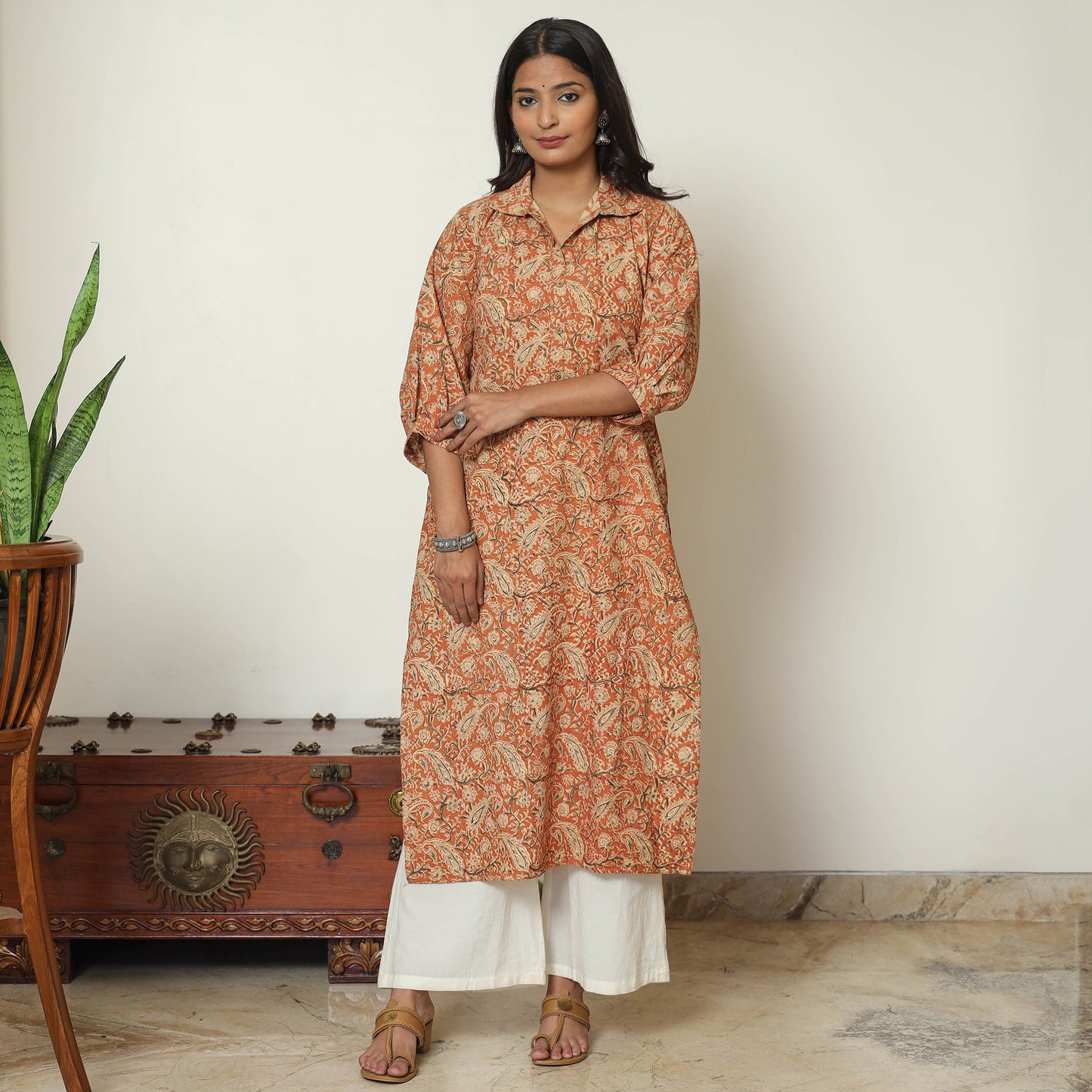 Orange - Pedana Kalamkari Hand Block Printed Cotton Straight Kurta 09