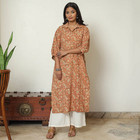 Orange - Pedana Kalamkari Hand Block Printed Cotton Straight Kurta 09