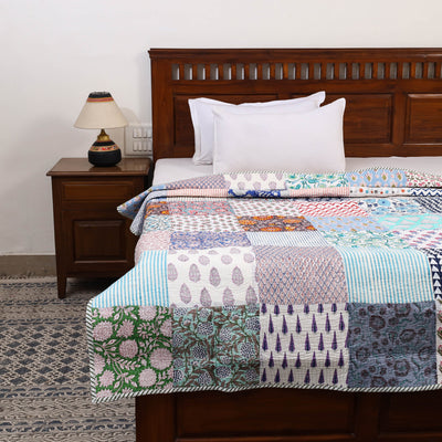 Multicolor - Single - Reversible Sanganeri Patchwork Cotton Quilt 42