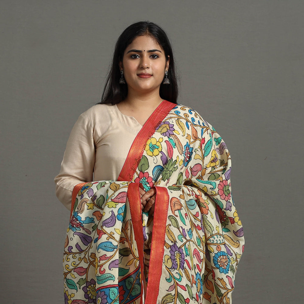 White - Chanderi Silk Srikalahasti Handpainted Pen Kalamkari Dupatta 60