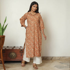 Orange - Pedana Kalamkari Hand Block Printed Cotton Straight Kurta 09