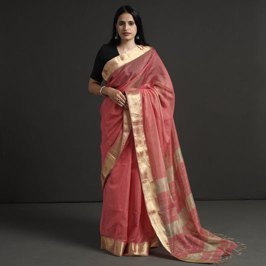 Pink - Traditional Maheshwari Silk Cotton Handloom Tissue Zari Work Saree