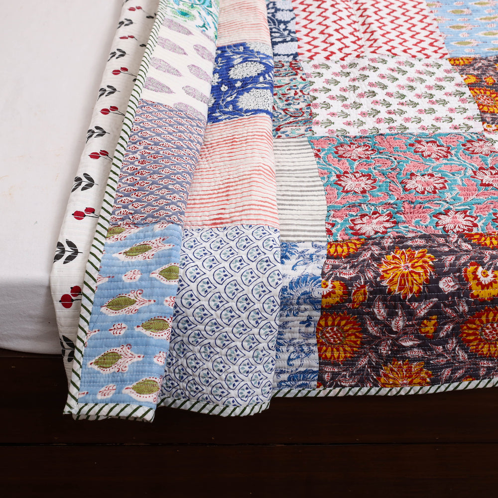 Multicolor - Single - Reversible Sanganeri Patchwork Cotton Quilt 42