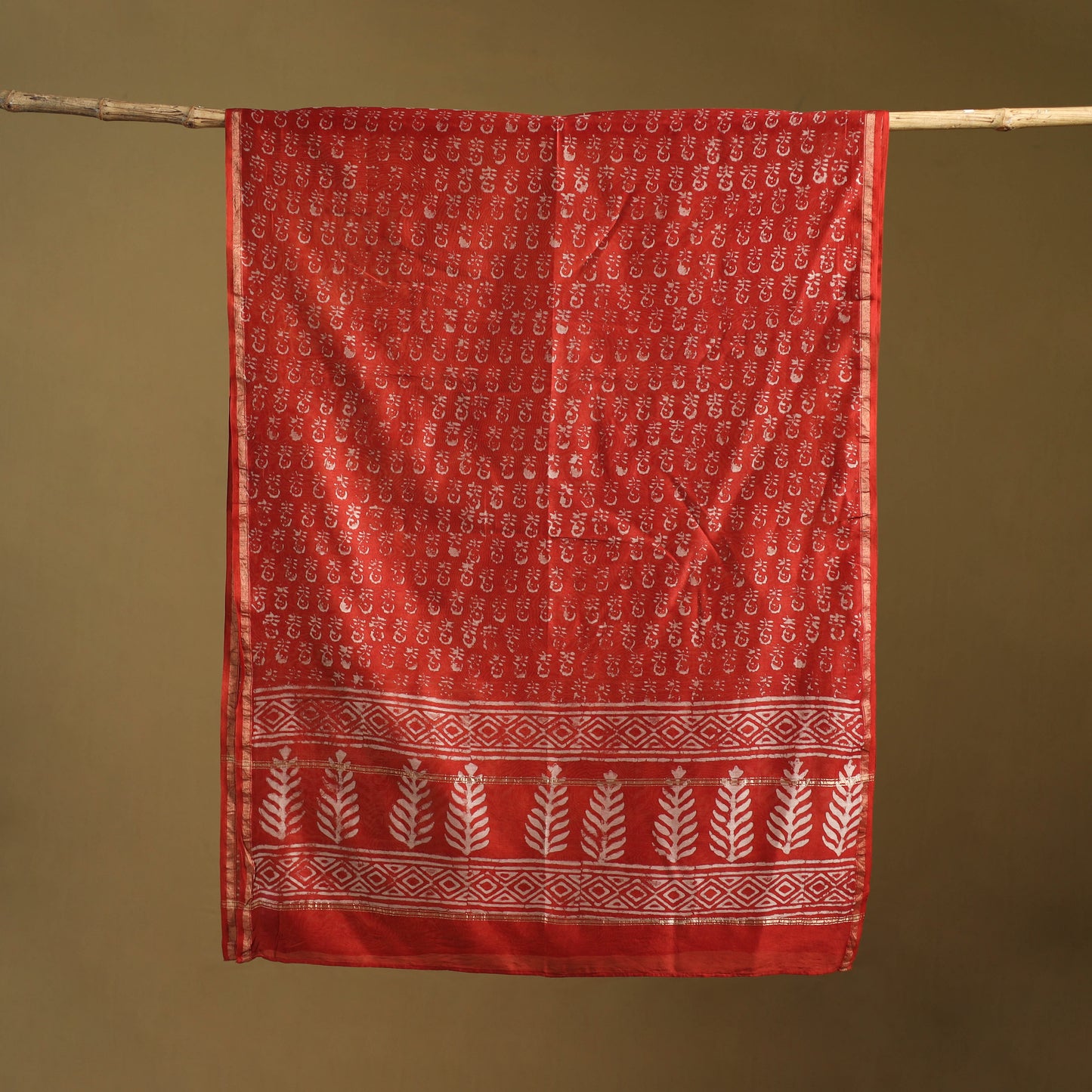 Red - Pipad Hand Block Print Natural Dyed Chanderi Silk Handloom Dupatta 36