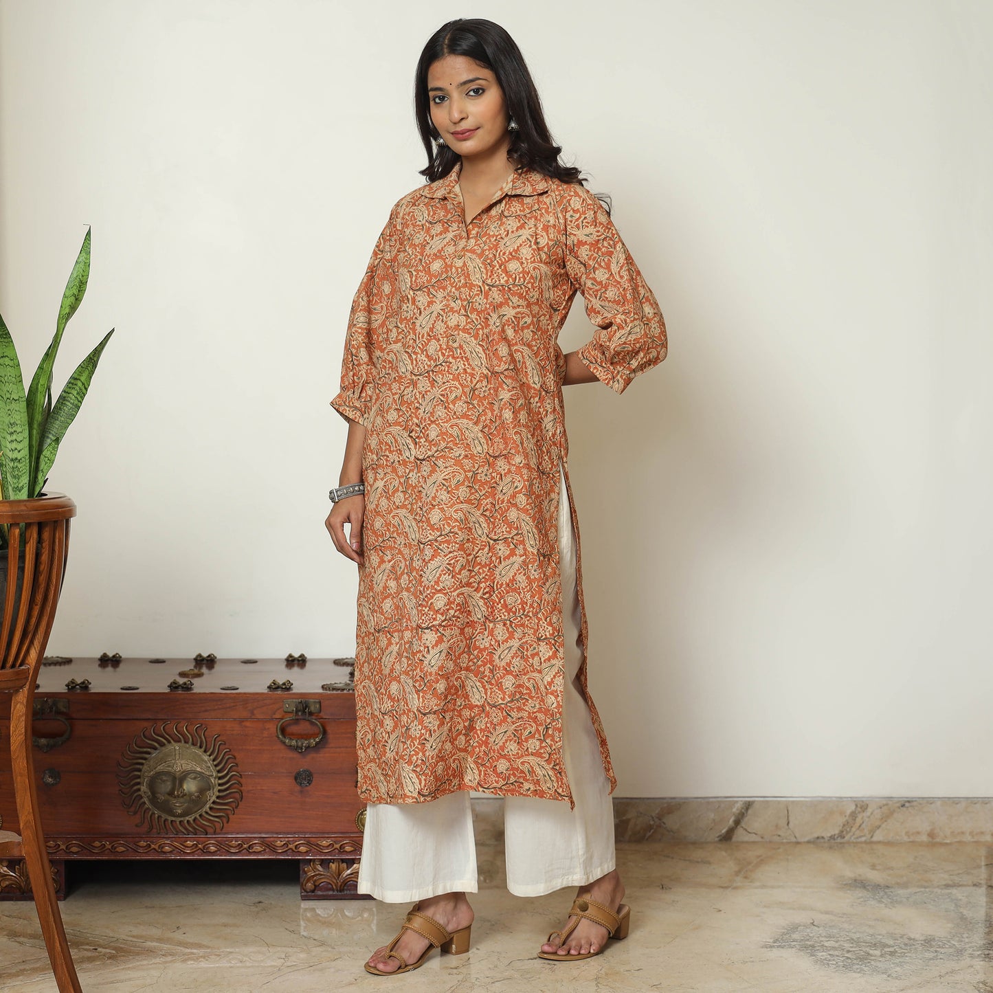 Orange - Pedana Kalamkari Hand Block Printed Cotton Straight Kurta 09
