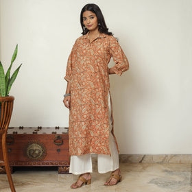 Orange - Pedana Kalamkari Hand Block Printed Cotton Straight Kurta 09