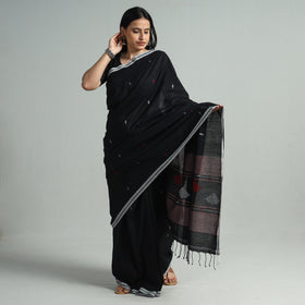 Black - Handloom Cotton Phulia Jamdani Saree with Tassels 127