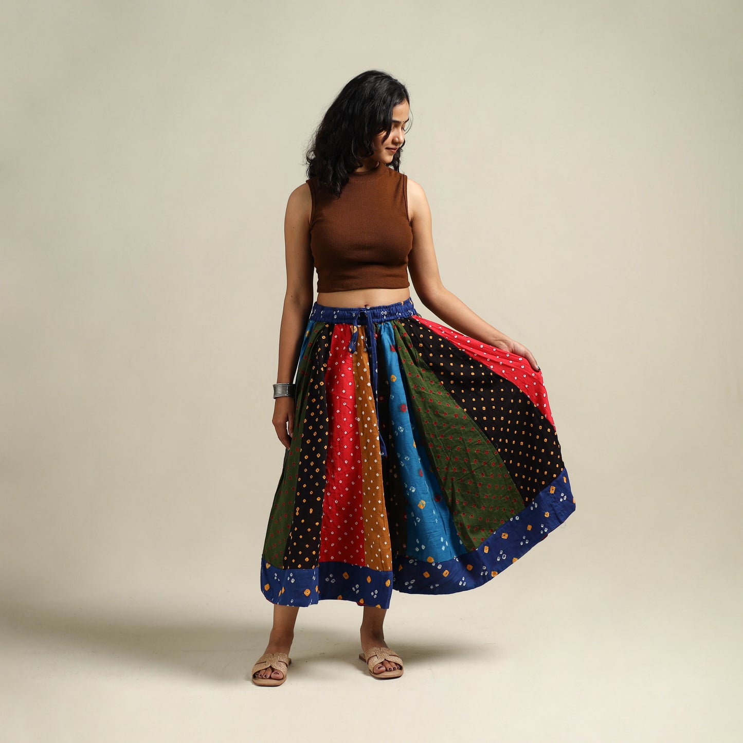 Multicolor - Bandhani Tie-Dye Patchwork Cotton Short Skirt 40