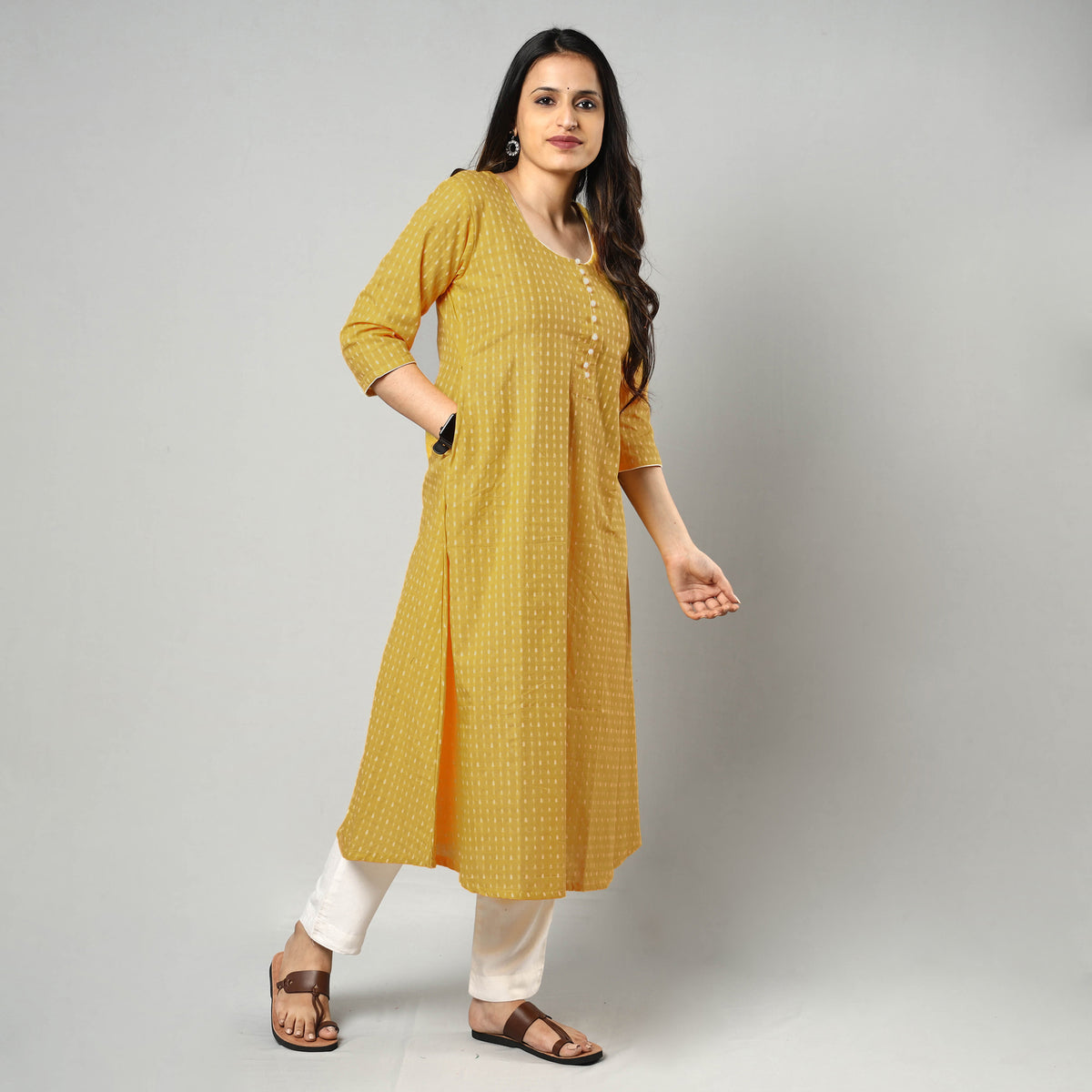 Yellow - Jacquard Cotton A-Line Kurta 15