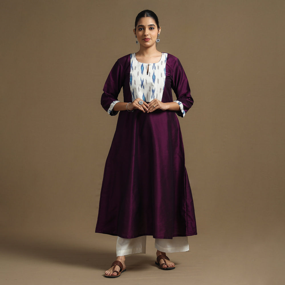 Dark Purple - Plain Slub Silk Straight Kurta with Ikat Patchwork