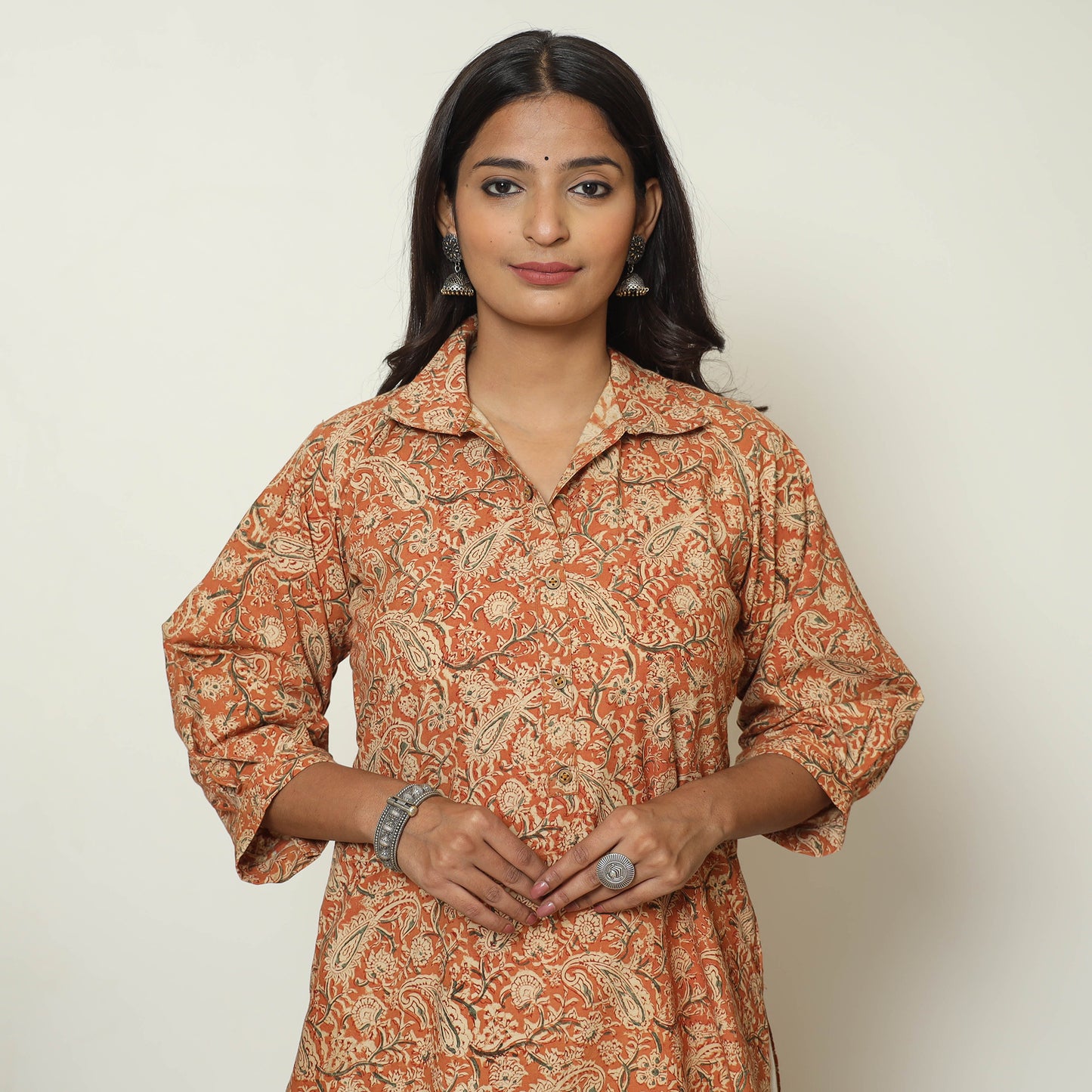 Orange - Pedana Kalamkari Hand Block Printed Cotton Straight Kurta 09