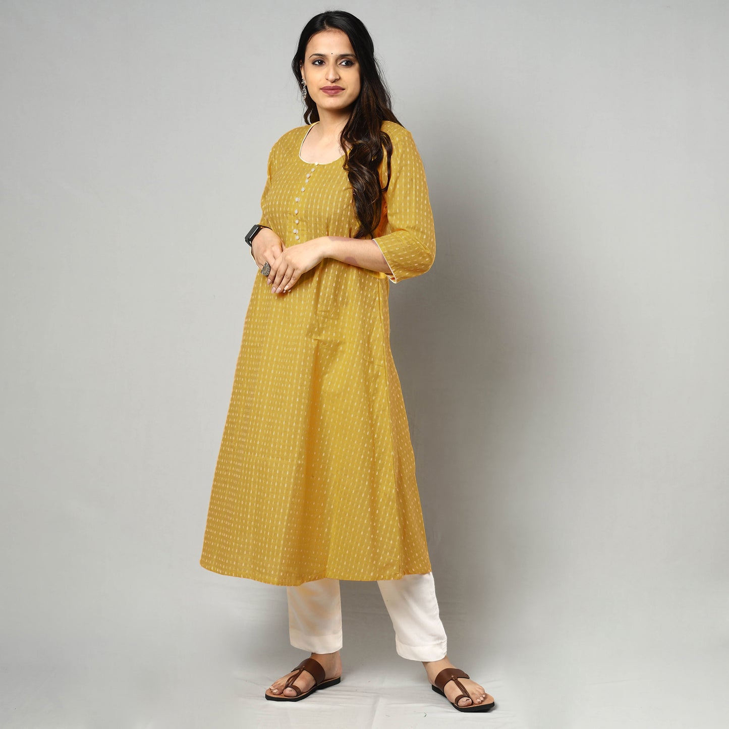 Yellow - Jacquard Cotton A-Line Kurta 15