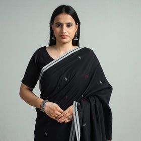 Black - Handloom Cotton Phulia Jamdani Saree with Tassels 127