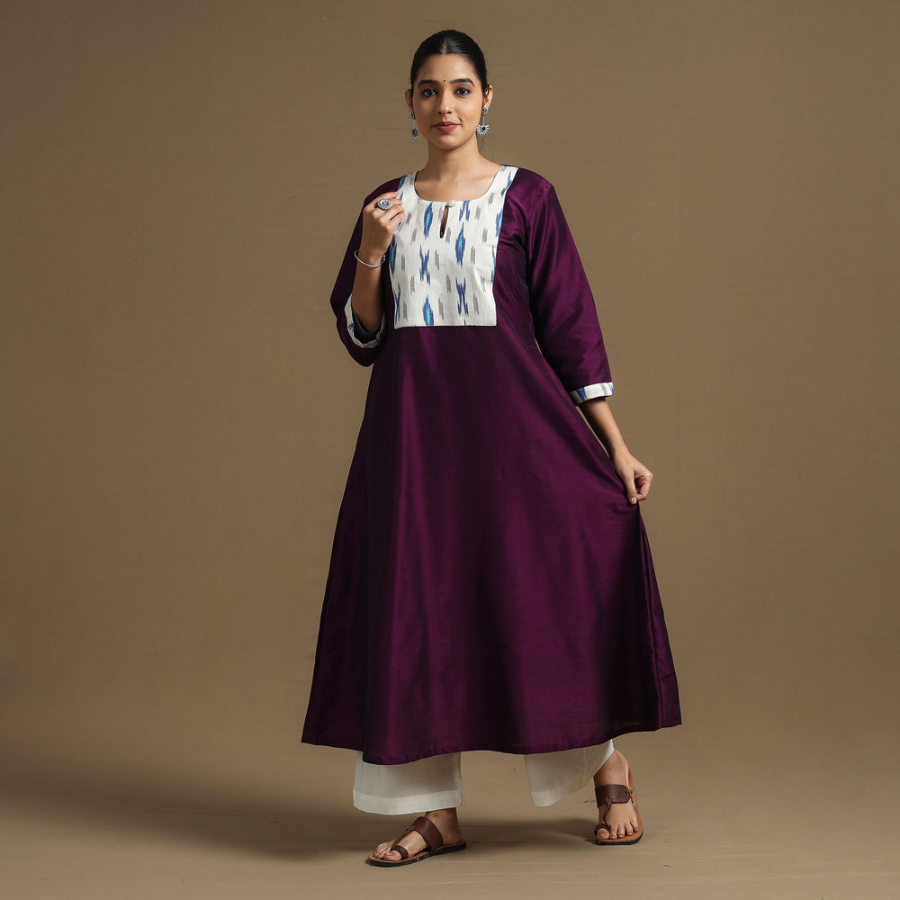 Dark Purple - Plain Slub Silk Straight Kurta with Ikat Patchwork