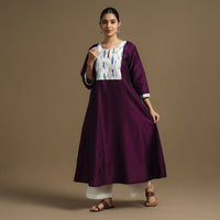 Dark Purple - Plain Slub Silk Straight Kurta with Ikat Patchwork