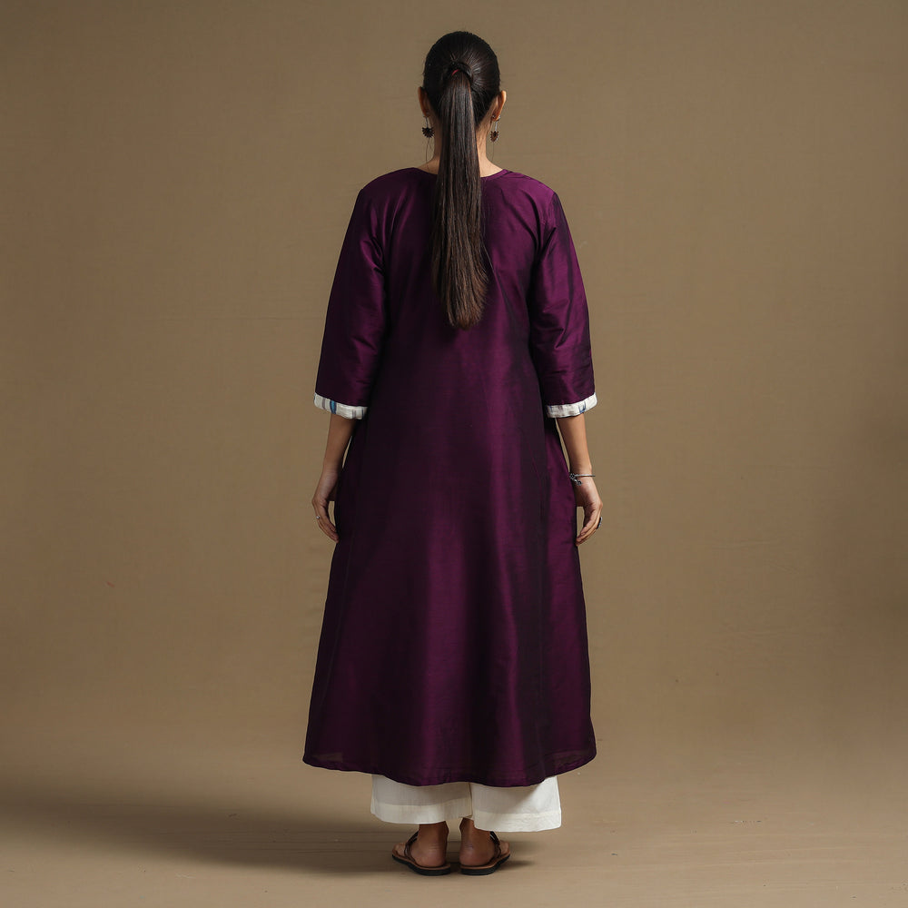 Dark Purple - Plain Slub Silk Straight Kurta with Ikat Patchwork