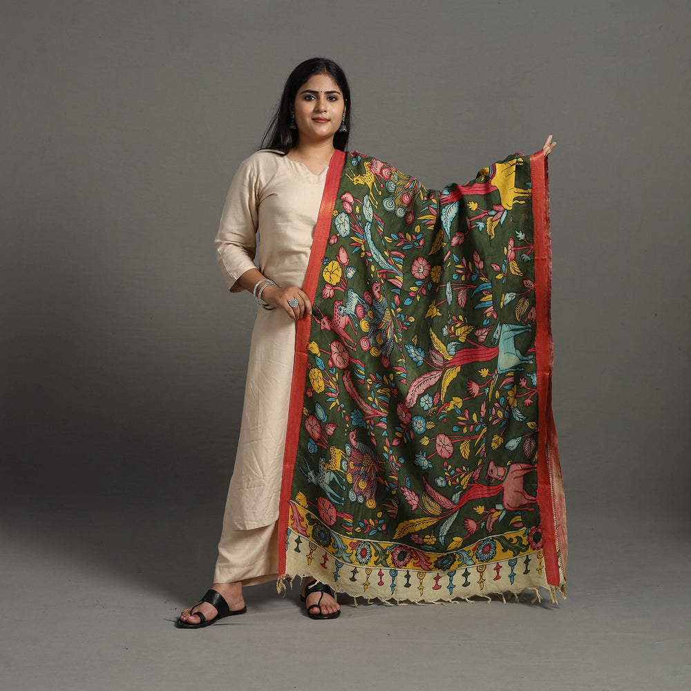 Green - Chanderi Silk Srikalahasti Handpainted Pen Kalamkari Dupatta 62