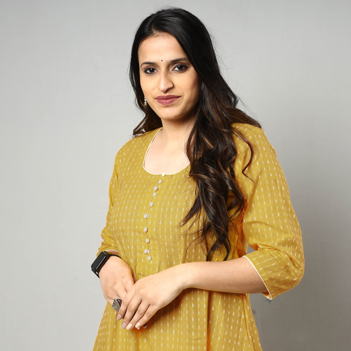 Yellow - Jacquard Cotton A-Line Kurta 15