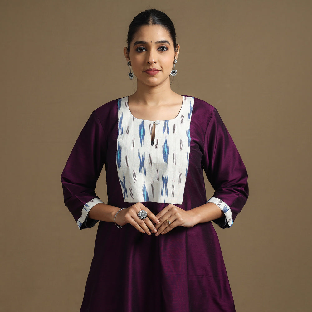 Dark Purple - Plain Slub Silk Straight Kurta with Ikat Patchwork