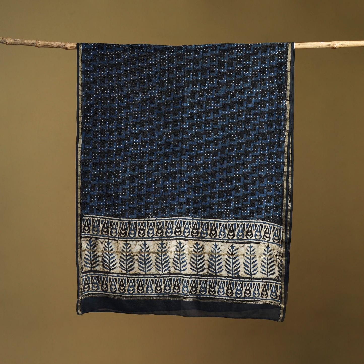 Blue - Pipad Hand Block Print Natural Dyed Chanderi Silk Handloom Dupatta 30