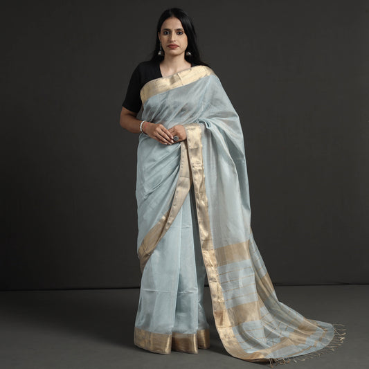 Blue - Traditional Maheshwari Silk Cotton Handloom Tissue Zari Work Saree