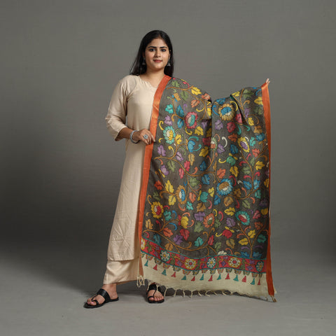 Grey - Chanderi Silk Srikalahasti Handpainted Pen Kalamkari Dupatta 63