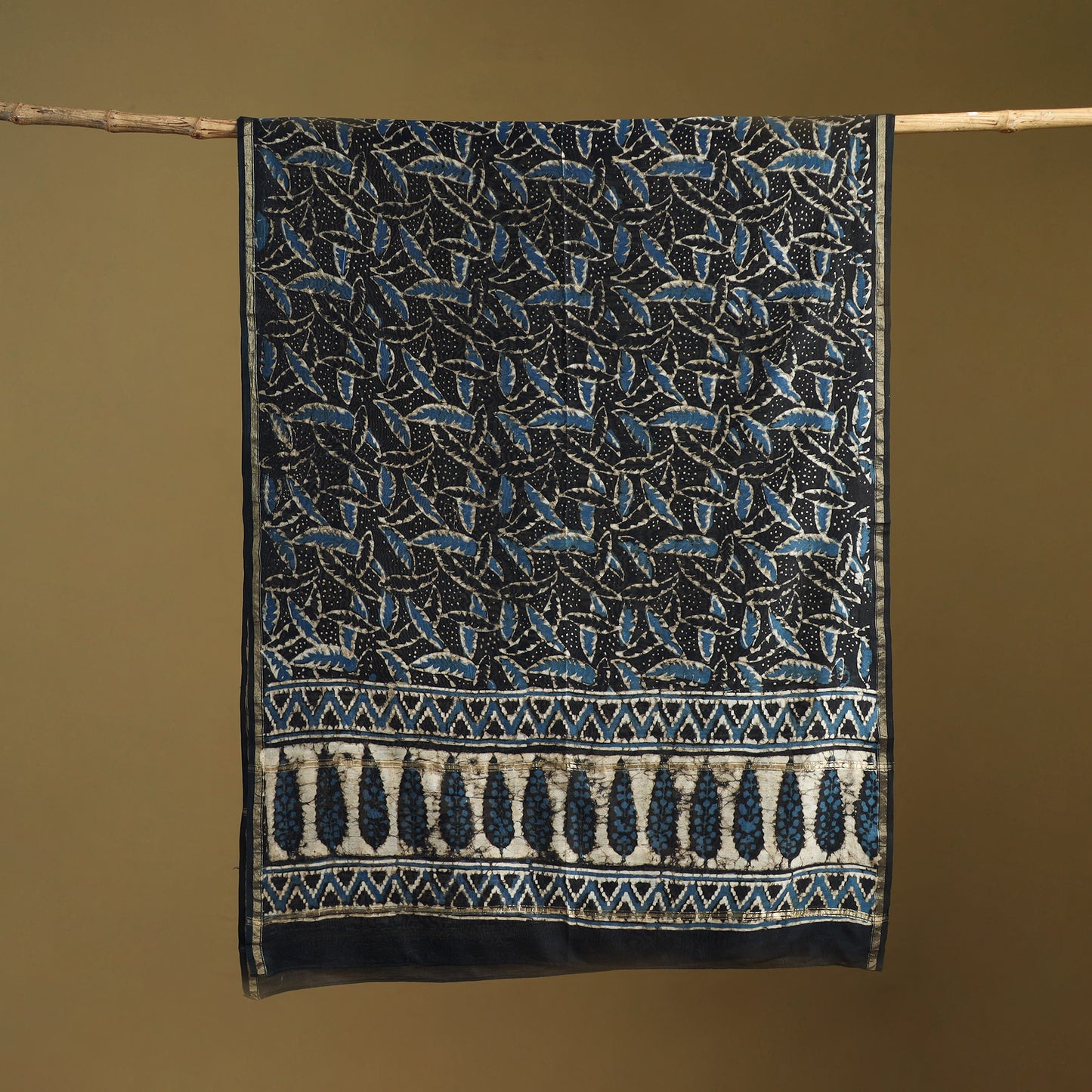 Black - Pipad Hand Block Print Natural Dyed Chanderi Silk Handloom Dupatta 27