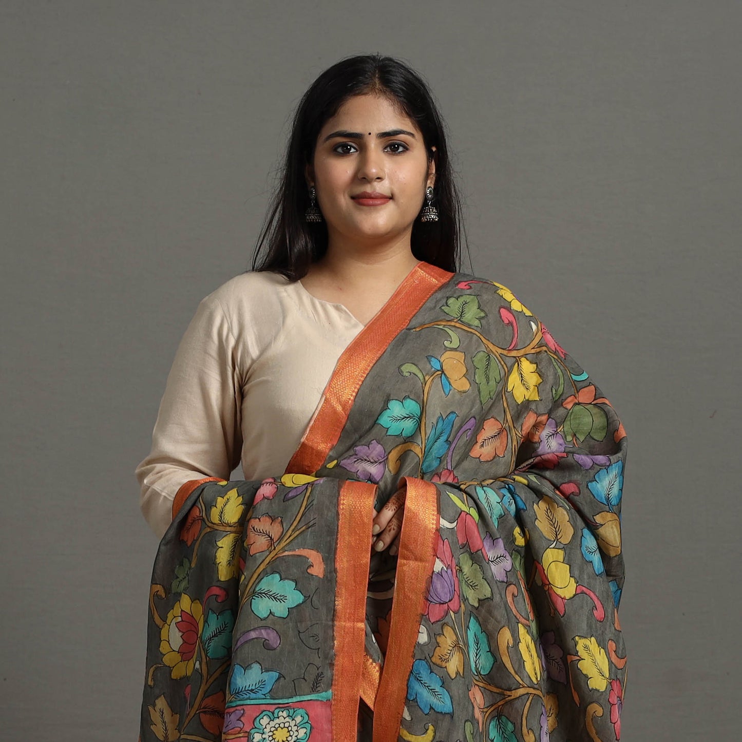 Grey - Chanderi Silk Srikalahasti Handpainted Pen Kalamkari Dupatta 63