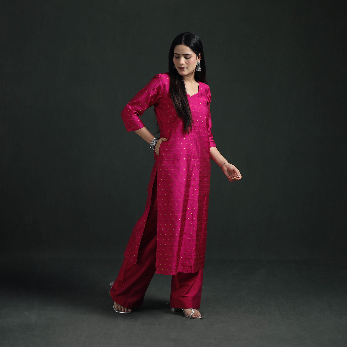 Spun Dupion Viscose Silk Zari Buti Straight Kurta with Palazzo Set for women 04