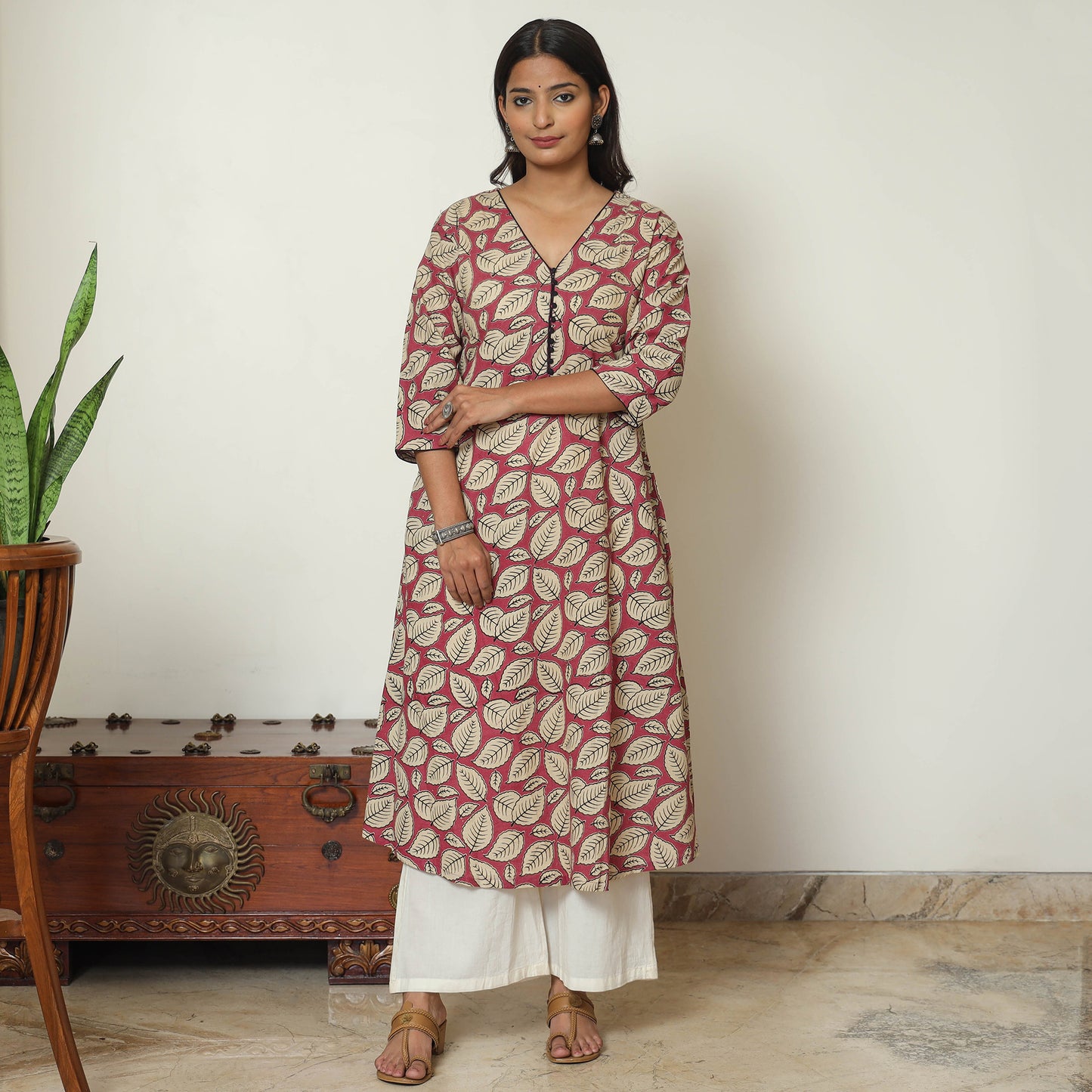 Pink - Kalamkari Printed Cotton A-Line Long Kurta 11