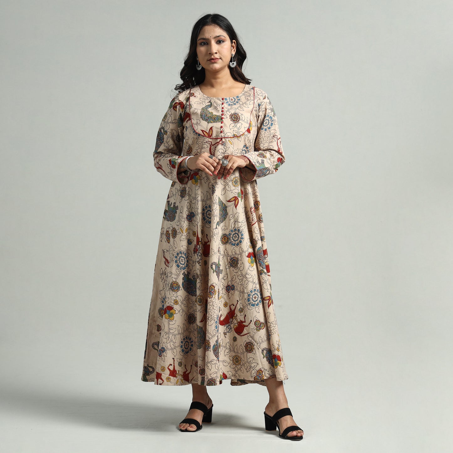 Beige - Kalamkari Printed Cotton A-Line Dress